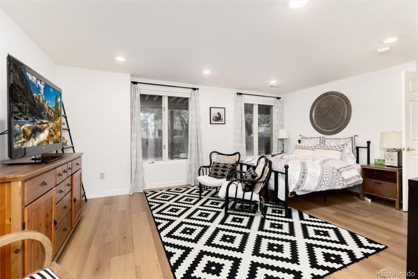 Bedroom, Interior, Recessed Lighting, Wood Texture Flooring