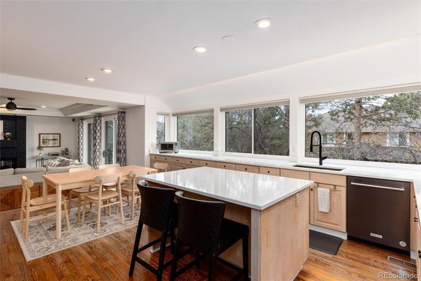 Dining room, Interior, Kitchen, Recessed Lighting, Wood Texture Flooring