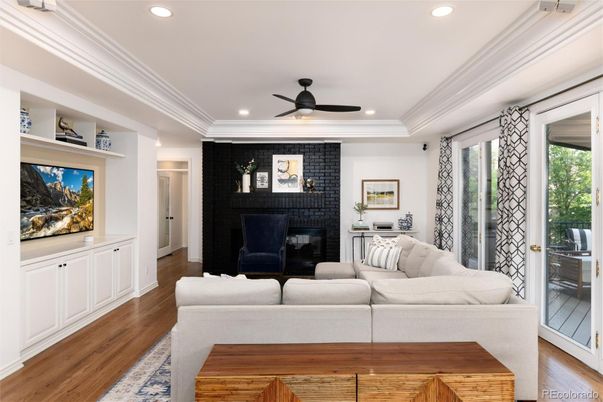 Fireplace, Interior, Living room, Recessed Lighting, Wood Texture Flooring