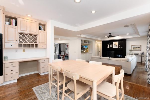 Dining room, Interior, Living room, Recessed Lighting, Wood Texture Flooring