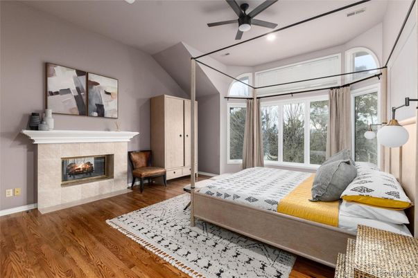 Bedroom, Fireplace, Interior, Recessed Lighting, Wood Texture Flooring
