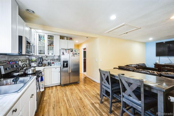 Interior, Kitchen, Recessed Lighting, Stainless Steel Appliances, Wood Texture Flooring