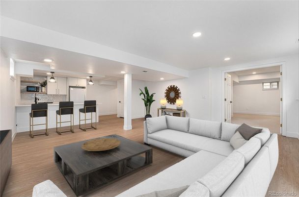 Interior, Kitchen, Living room, Recessed Lighting, Wood Texture Flooring