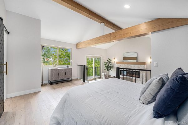 Bedroom, Interior, Recessed Lighting, Wooden Beams, Wood Texture Flooring