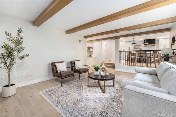Interior, Kitchen, Living room, Pendant Lights, Recessed Lighting, Wooden Beams, Wood Texture Flooring