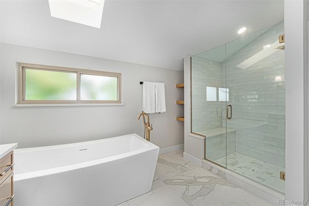 Bathroom, Free Standing Baths, Glass Shower, Interior, Marble, Recessed Lighting