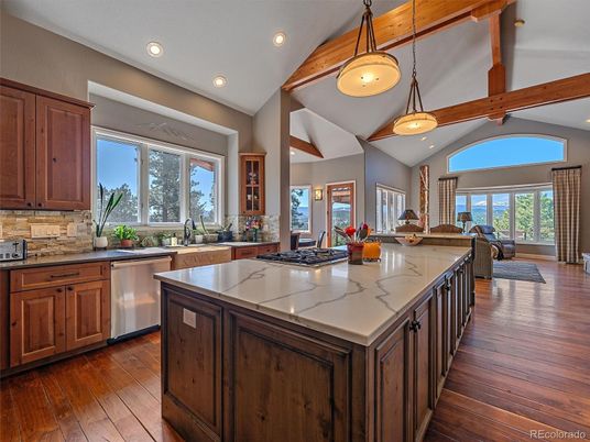 Interior, Kitchen, Pendant Lights, Recessed Lighting, Stainless Steel Appliances, Wooden Beams, Wood Texture Flooring