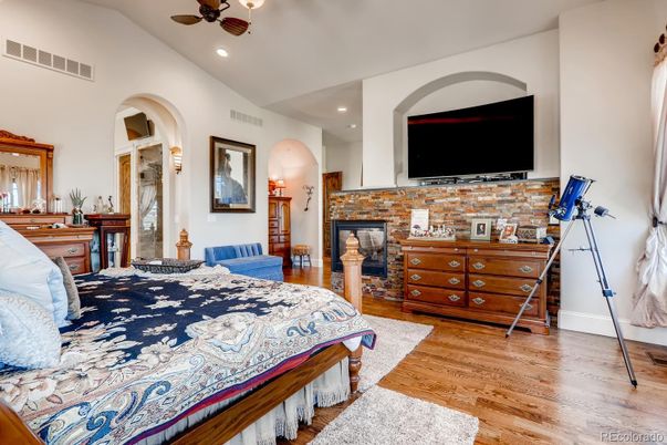 Bedroom, Fireplace, Interior, Recessed Lighting, Wood Texture Flooring