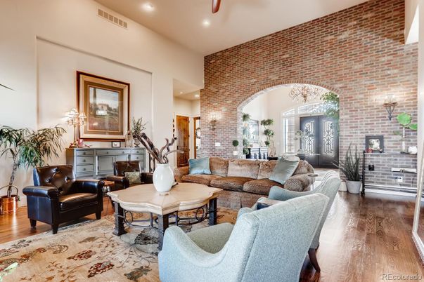 Interior, Living room, Recessed Lighting, Stone Walls, Wood Texture Flooring