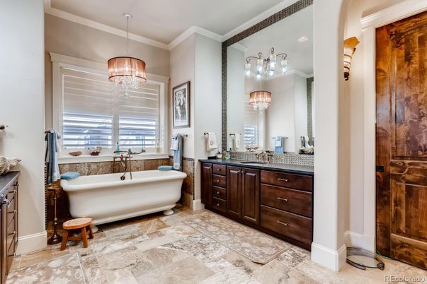 Bathroom, Chandelier, Dual Sink Vanities, Free Standing Baths, Interior, Pendant Lights