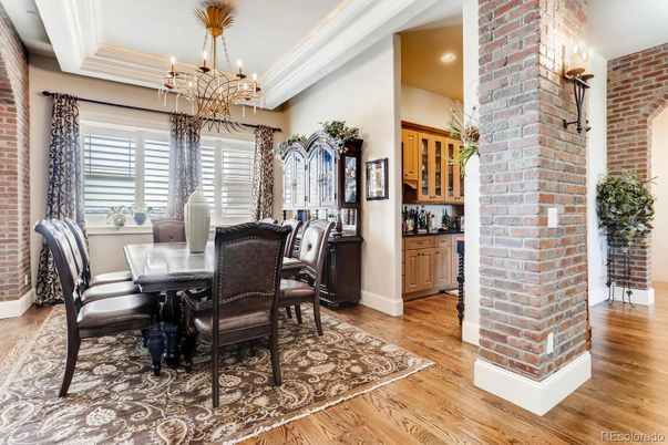 Chandelier, Dining room, Interior, Recessed Lighting, Stone Walls, Wood Texture Flooring