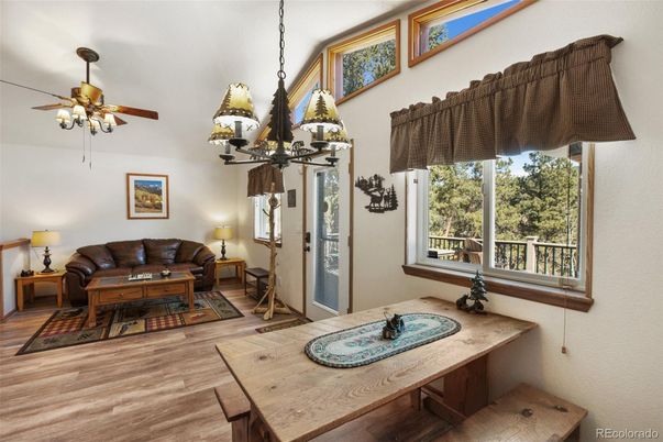 Dining room, Interior, Pendant Lights, Wood Texture Flooring