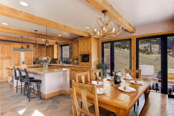 Chandelier, Dining room, Interior, Kitchen, Pendant Lights, Recessed Lighting, Wooden Beams