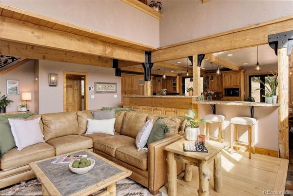 Interior, Kitchen, Living room, Pendant Lights, Recessed Lighting, Wooden Beams, Wooden Ceilings, Wood Texture Flooring