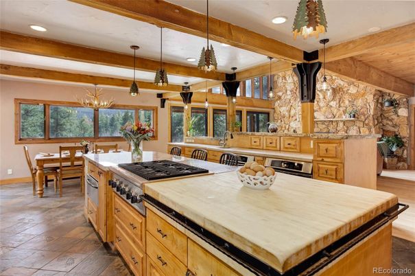 Dining room, Interior, Kitchen, Pendant Lights, Recessed Lighting, Stainless Steel Appliances, Wooden Beams