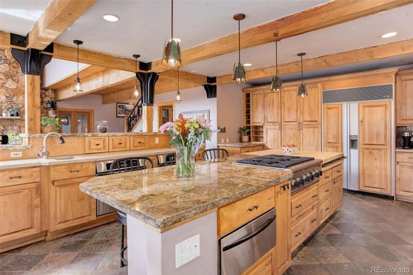 Interior, Kitchen, Pendant Lights, Recessed Lighting, Stainless Steel Appliances, Wooden Beams