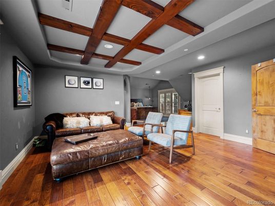 Interior, Living room, Recessed Lighting, Wooden Beams, Wood Texture Flooring