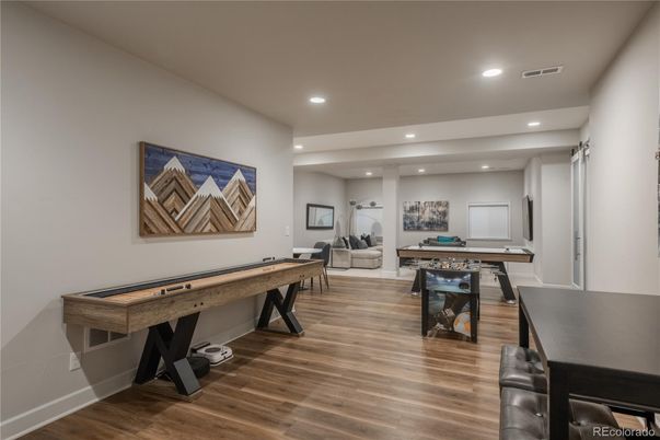 Billiard Table, Game Room, Interior, Recessed Lighting, Wood Texture Flooring