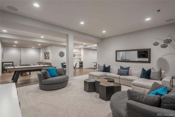 Billiard Table, Game Room, Interior, Living room, Recessed Lighting, Wood Texture Flooring
