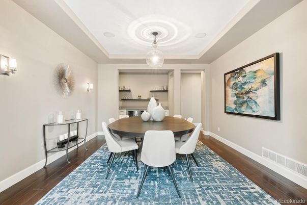 Dining room, Interior, Pendant Lights, Wood Texture Flooring