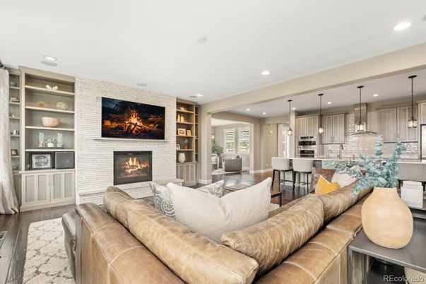 Dining room, Fireplace, Interior, Kitchen, Living room, Pendant Lights, Recessed Lighting, Stone Walls, Wood Texture Flooring