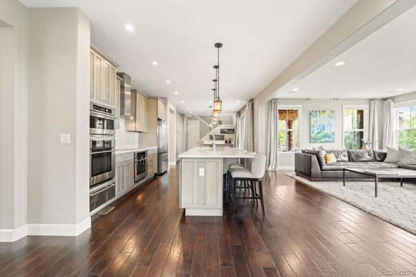 Interior, Kitchen, Living room, Pendant Lights, Recessed Lighting, Stainless Steel Appliances, Wood Texture Flooring