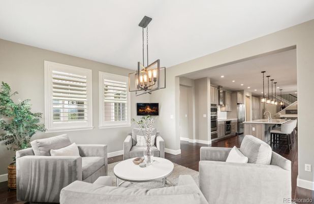 Dining room, Interior, Kitchen, Living room, Pendant Lights, Recessed Lighting, Stainless Steel Appliances, Wood Texture Flooring