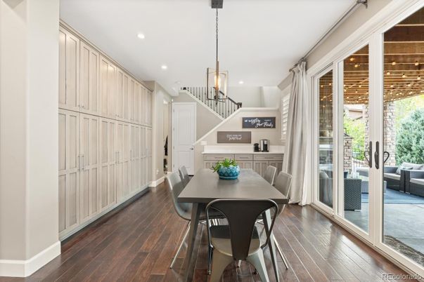 Dining room, Interior, Pendant Lights, Recessed Lighting, Wood Texture Flooring