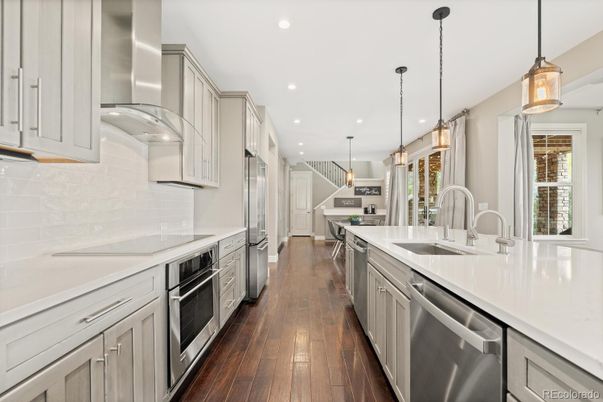 Interior, Kitchen, Pendant Lights, Recessed Lighting, Stainless Steel Appliances, Wood Texture Flooring