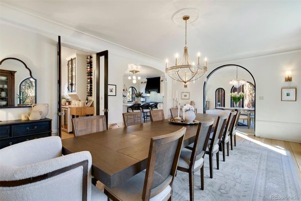 Chandelier, Dining room, Interior, Wood Texture Flooring