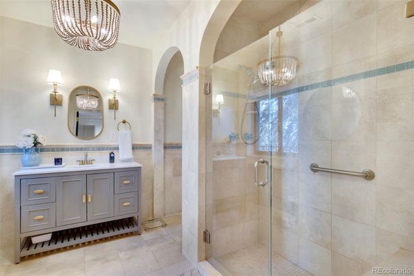 Bathroom, Chandelier, Glass Shower, Interior