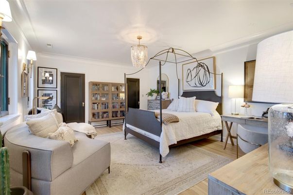 Bedroom, Chandelier, Interior, Wood Texture Flooring