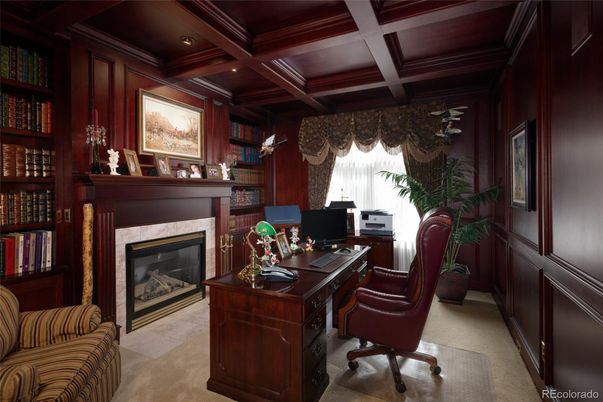 Fireplace, Home Office, Interior, Recessed Lighting, Wooden Beams, Wooden Ceilings, Wooden Walls