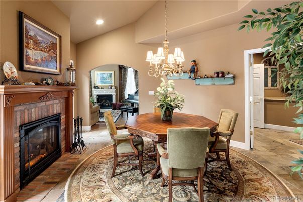 Chandelier, Dining room, Fireplace, Interior, Recessed Lighting, Wood Texture Flooring