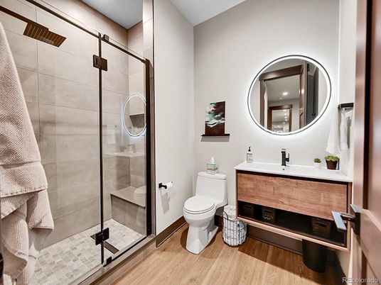 Bathroom, Glass Shower, Interior, Recessed Lighting, Wood Texture Flooring