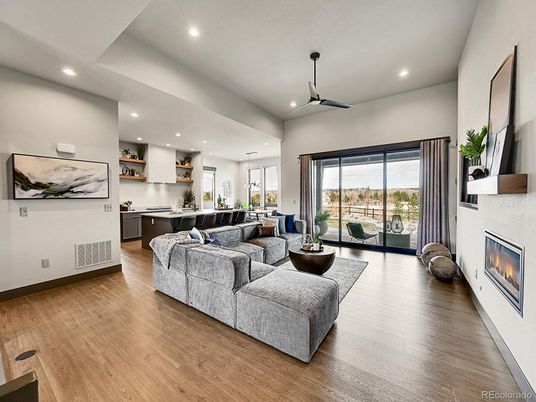 Fireplace, Interior, Living room, Recessed Lighting, Wood Texture Flooring