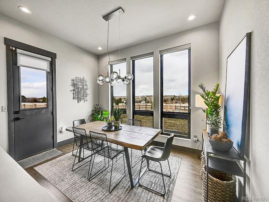 Dining room, Interior, Pendant Lights, Recessed Lighting, Wood Texture Flooring