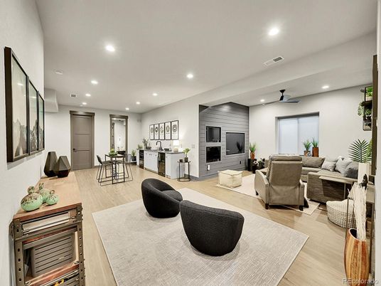 Dining room, Fireplace, Interior, Living room, Recessed Lighting, Wood Texture Flooring