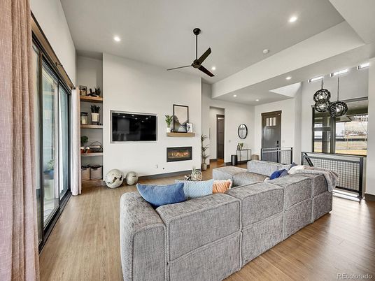 Fireplace, Interior, Living room, Recessed Lighting, Wood Texture Flooring