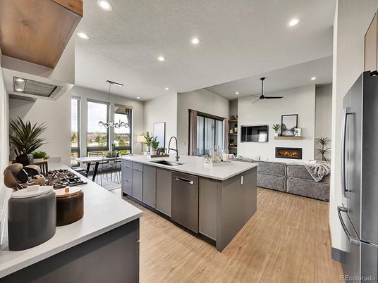 Dining room, Fireplace, Interior, Kitchen, Living room, Pendant Lights, Recessed Lighting, Wood Texture Flooring