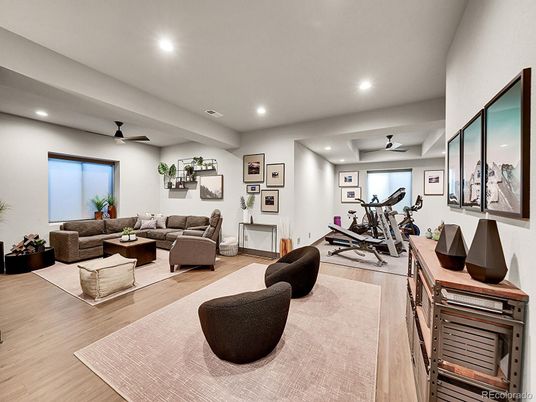 Fitness Equipment, Gym, Interior, Living room, Recessed Lighting, Wood Texture Flooring