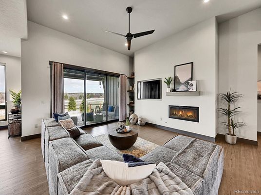 Fireplace, Interior, Living room, Recessed Lighting, Wood Texture Flooring