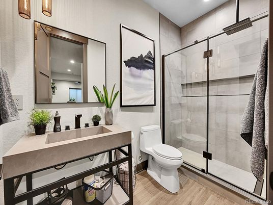 Bathroom, Glass Shower, Interior, Recessed Lighting, Wood Texture Flooring
