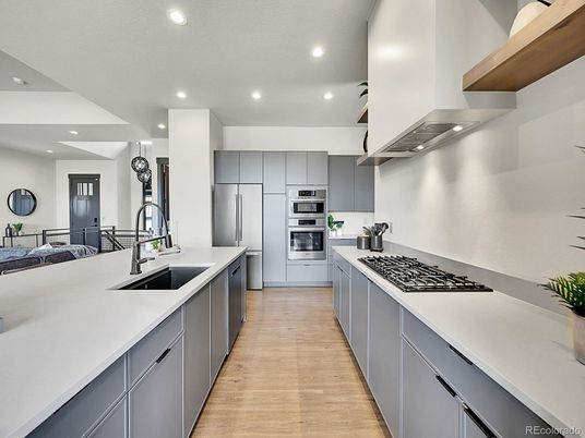 Interior, Kitchen, Recessed Lighting, Stainless Steel Appliances, Wood Texture Flooring