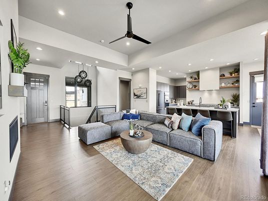 Interior, Kitchen, Living room, Recessed Lighting, Stainless Steel Appliances, Wood Texture Flooring