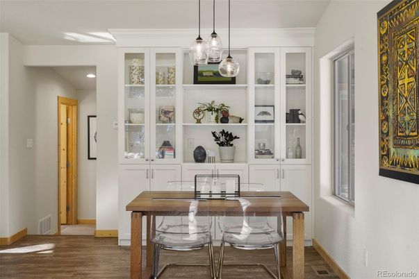 Dining room, Interior, Pendant Lights, Recessed Lighting, Wood Texture Flooring