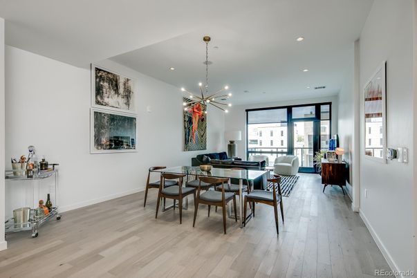 Dining room, Interior, Living room, Pendant Lights, Recessed Lighting, Wood Texture Flooring