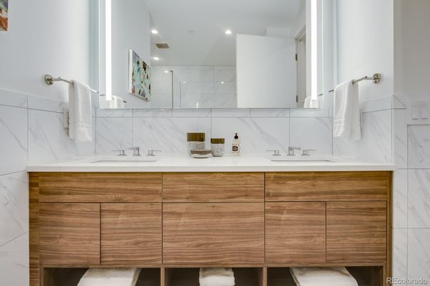 Bathroom, Dual Sink Vanities, Interior, Marble Walls, Recessed Lighting