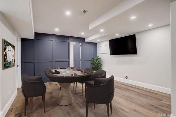 Dining room, Game Room, Interior, Recessed Lighting, Wood Texture Flooring