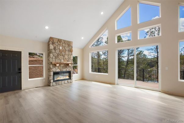 Empty room, Fireplace, Interior, Recessed Lighting, Wood Texture Flooring